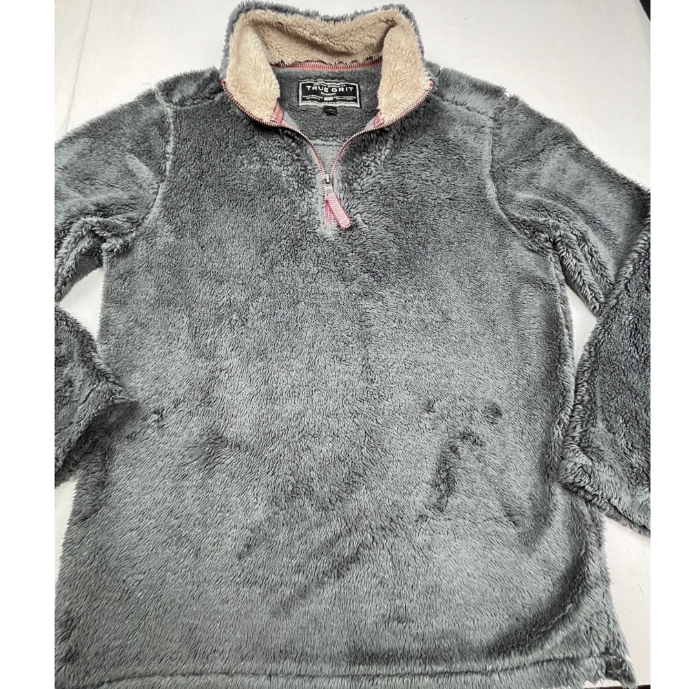 True Grit Womens XS Gray Faux Fur Sherpa Quarter Zip Fleece Pullover Sweater
